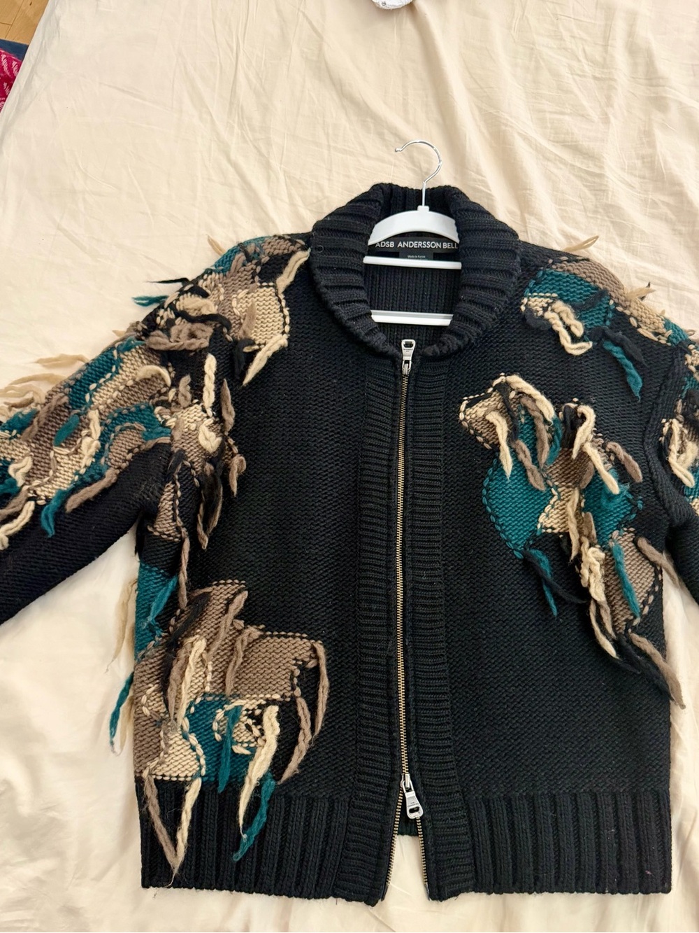 ANDERSSON BELL Black Bomber Cardigan Jacket with Teal & Beige Knit Accents